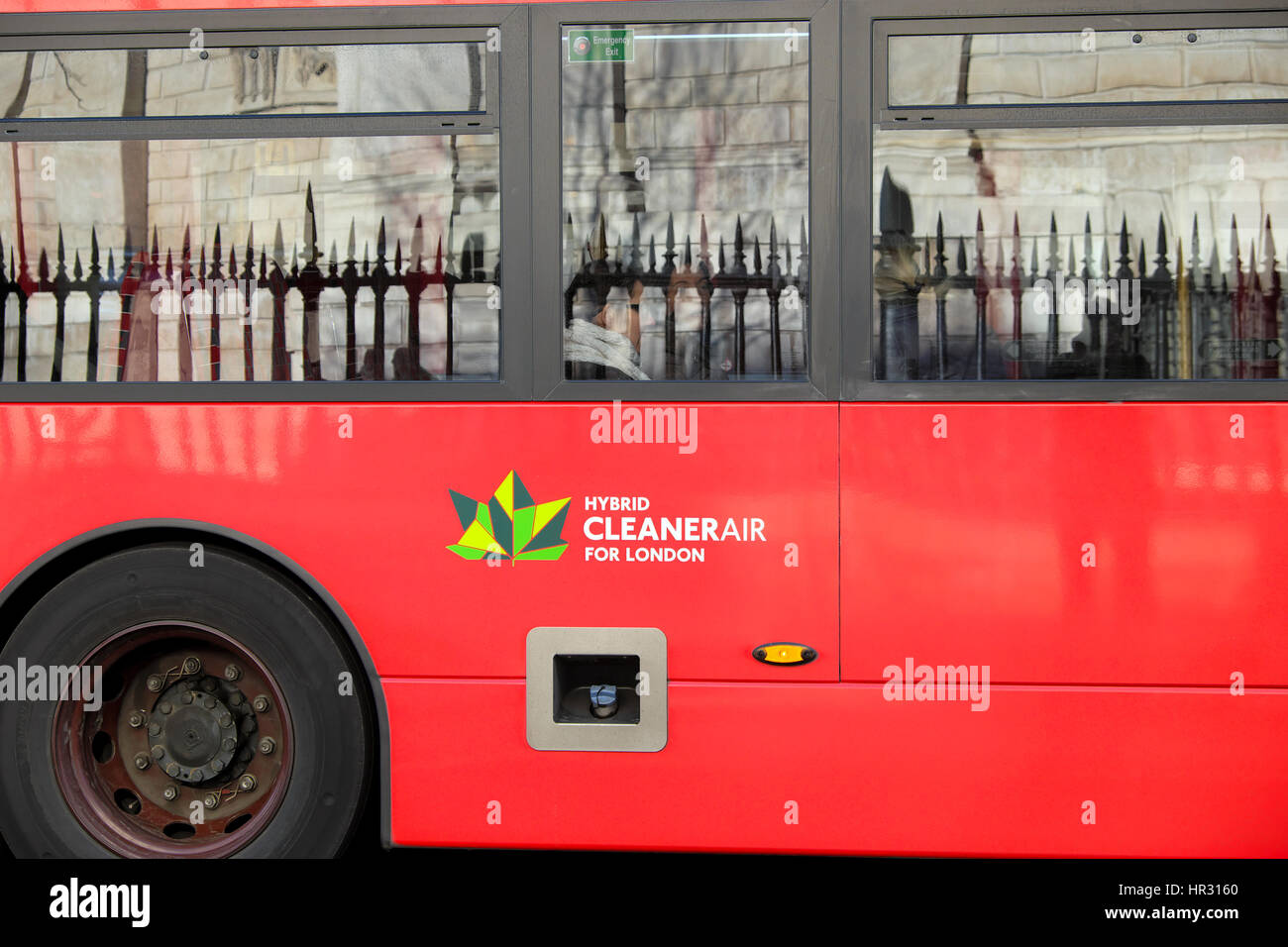 Hybrid CLEANER AIR advert and logo on the side of a red double-decker bus in London England UK  2017 KATHY DEWITT Stock Photo