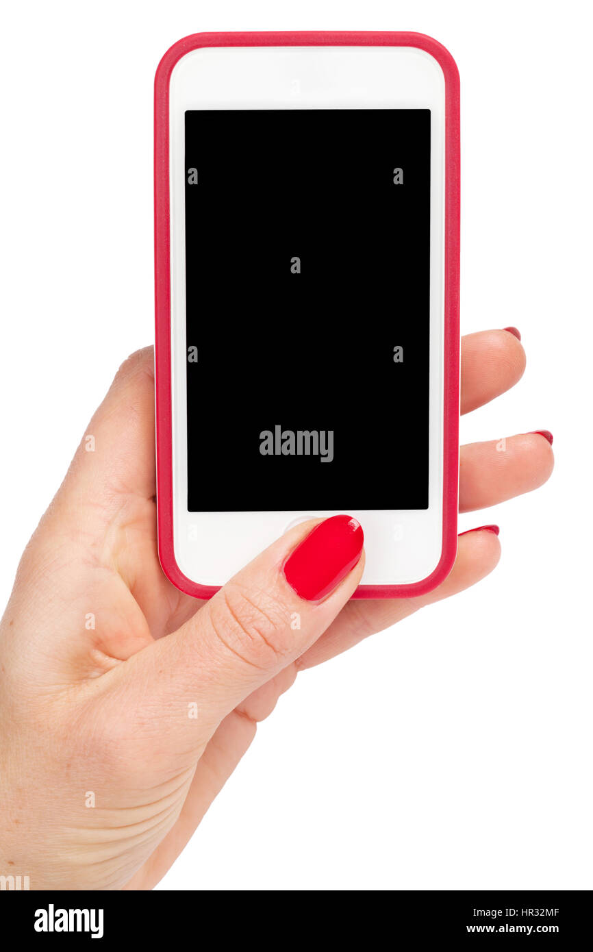 Female hand holding a smartphone. Isolated on white background Stock ...