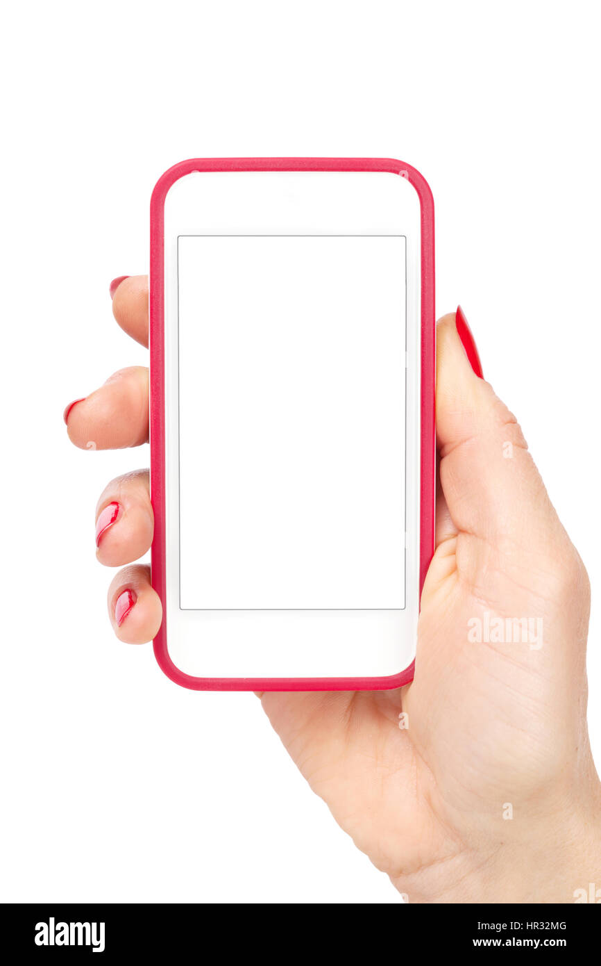 Female hand holding a smartphone. Isolated on white background Stock ...