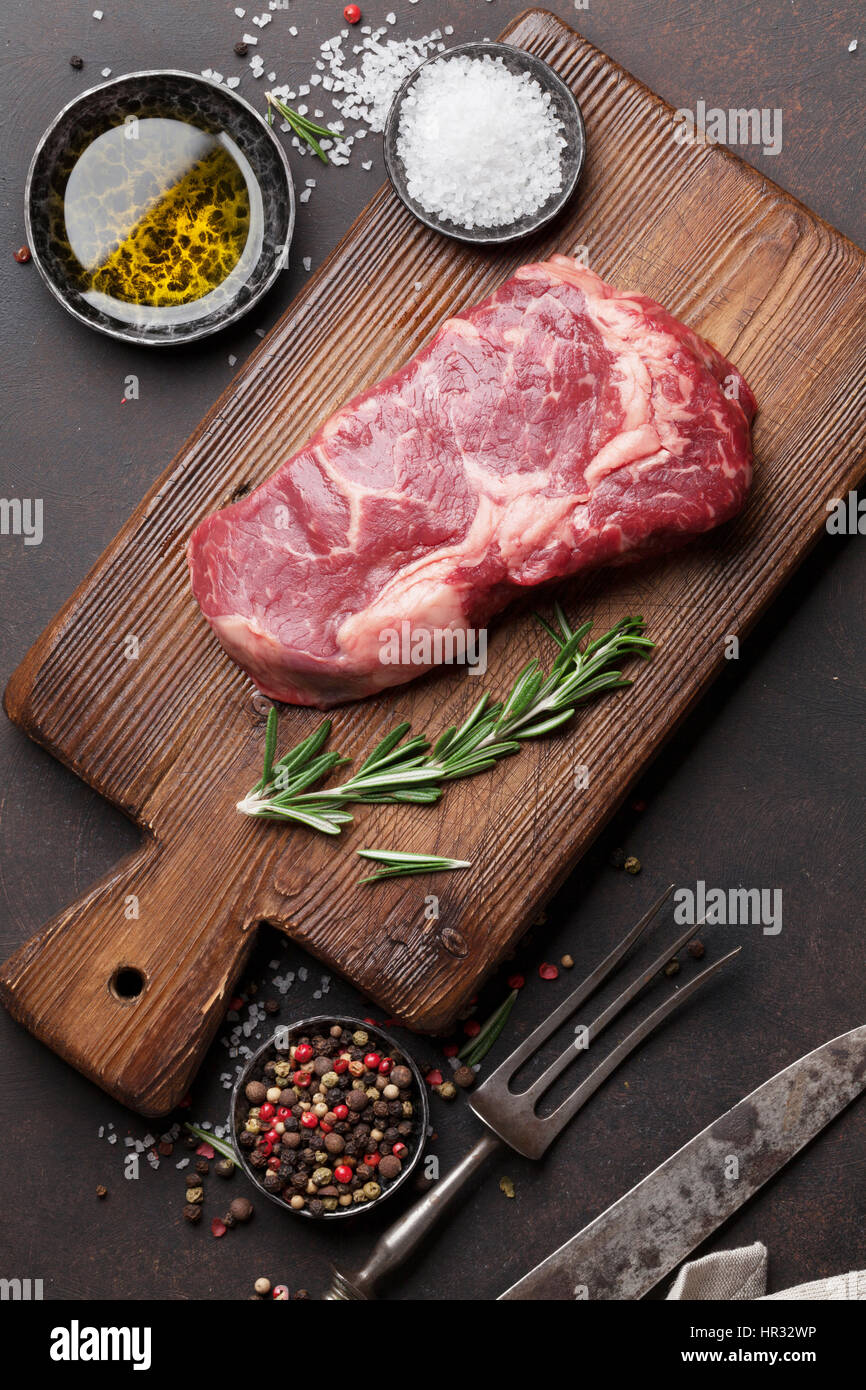 Raw Ribeye Beef Steak Cooking With Ingredients Top View Stock Photo Alamy