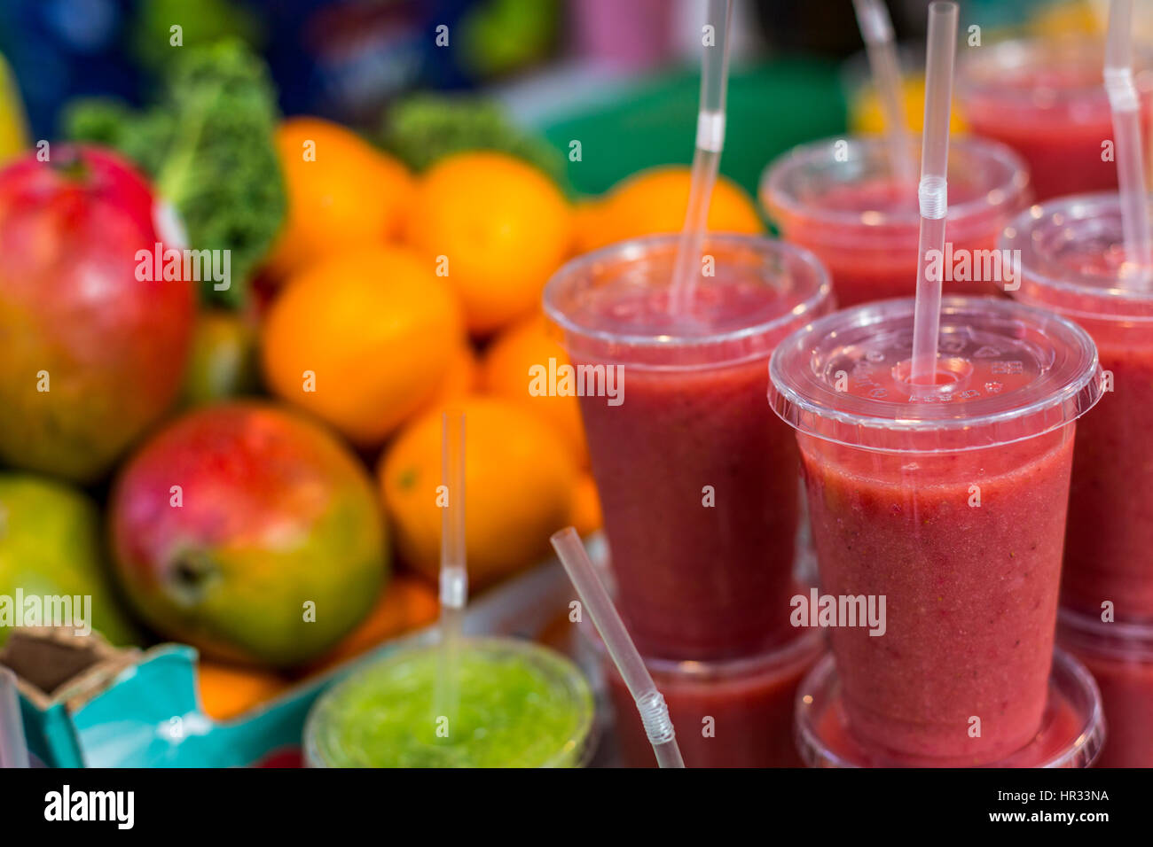 Freshly made smoothie using natural ingredients in a whole food market
