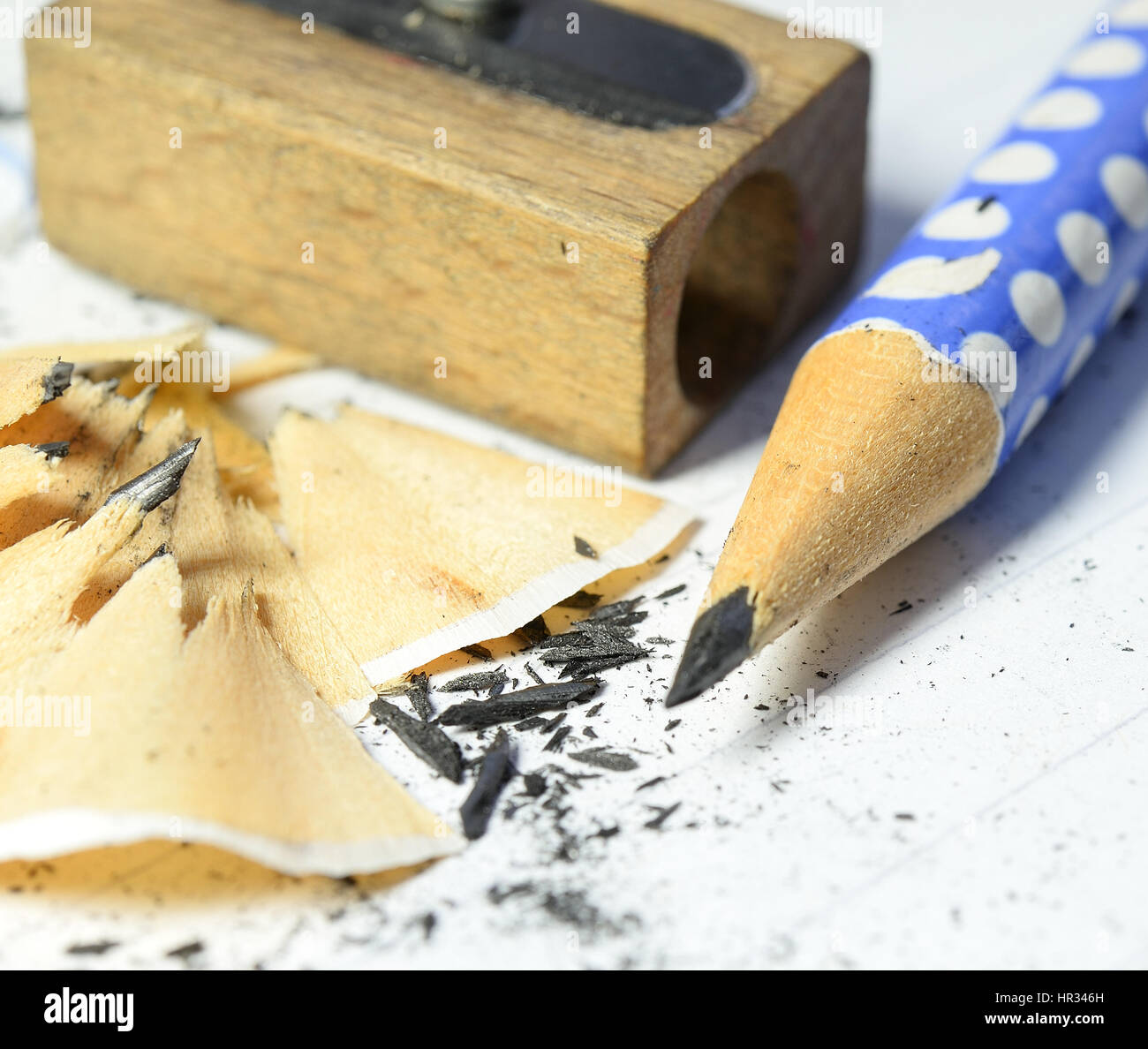 Pencil shavings, graphite pencil & sharpener Stock Photo