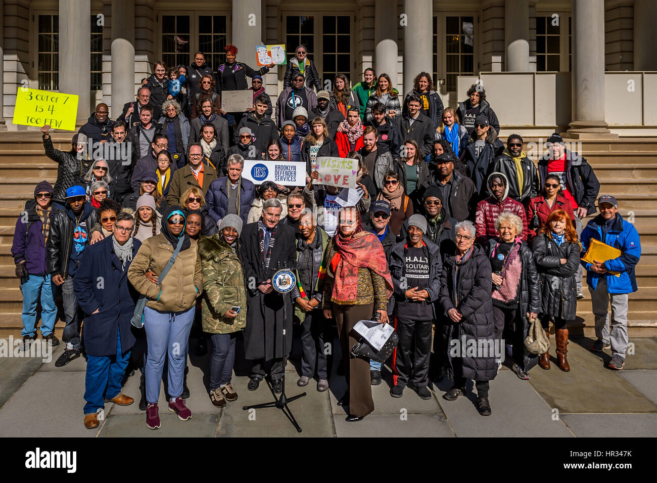 New York, United States. 26th Feb, 2017. Assemblyman David Weprin, Chair of the Assembly Committee on Corrections, Religious Leaders, Union Representatives, Elected Officials and Major Advocacy Coalition addressed the assembled audience in a rally on February 26th 2017; at the steps of New York City Hall, to stand together in opposition to Governor Cuomo's proposed cuts to visits in New York State maximum-security prisons and demand that this proposal does not come to pass. Credit: Erik McGregor/Pacific Press/Alamy Live News Stock Photo