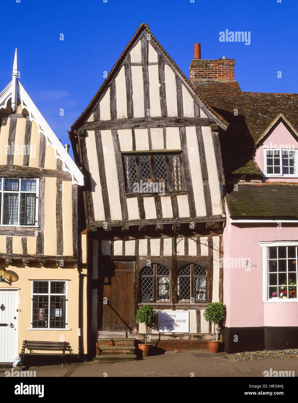 Half-timbered medieval cottages, High Street, Lavenham, Suffolk, England, United Kingdom Stock Photo