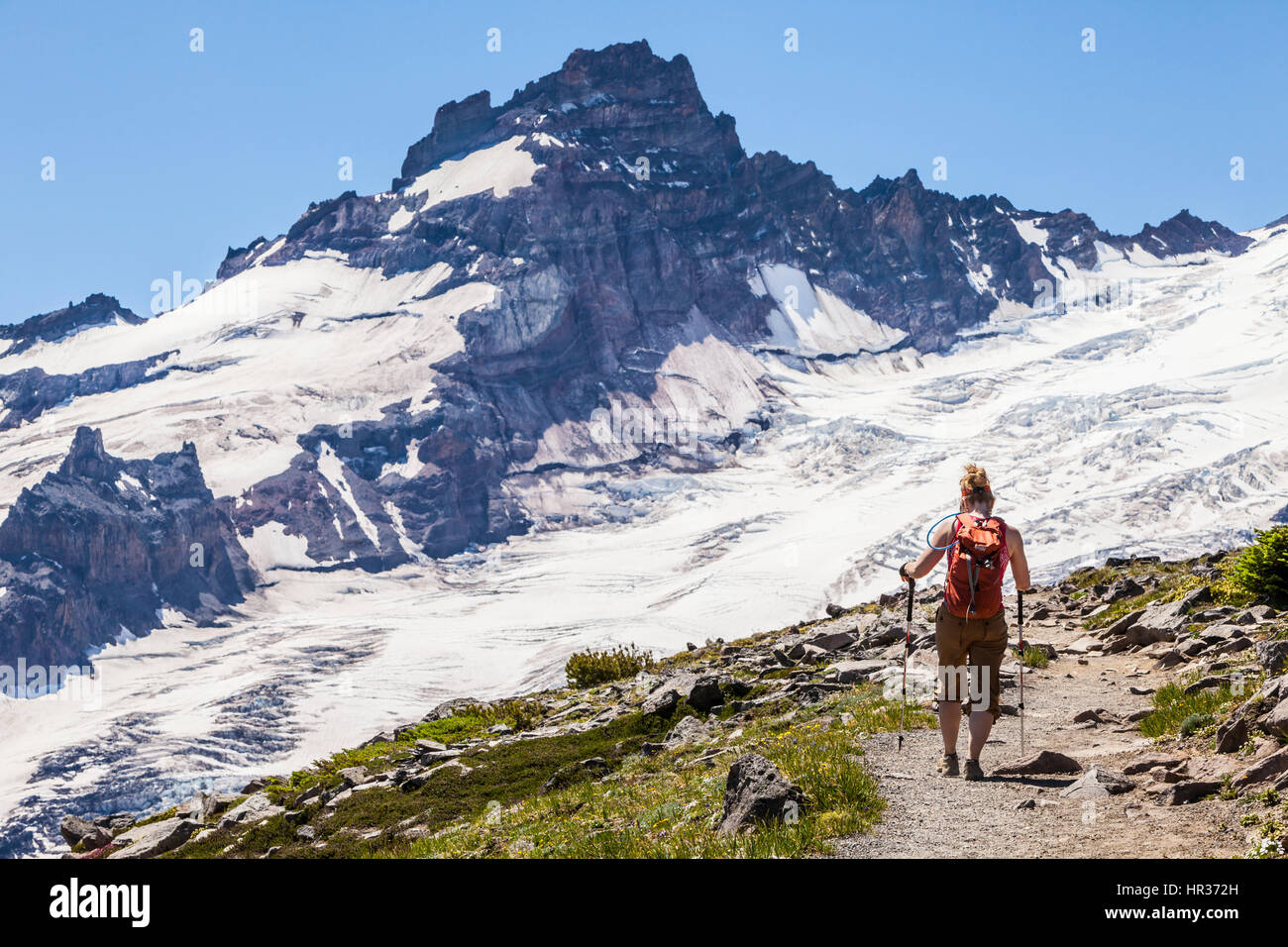 A woman hiking on the Burroughs Mountain trail in Mount Rainier ...