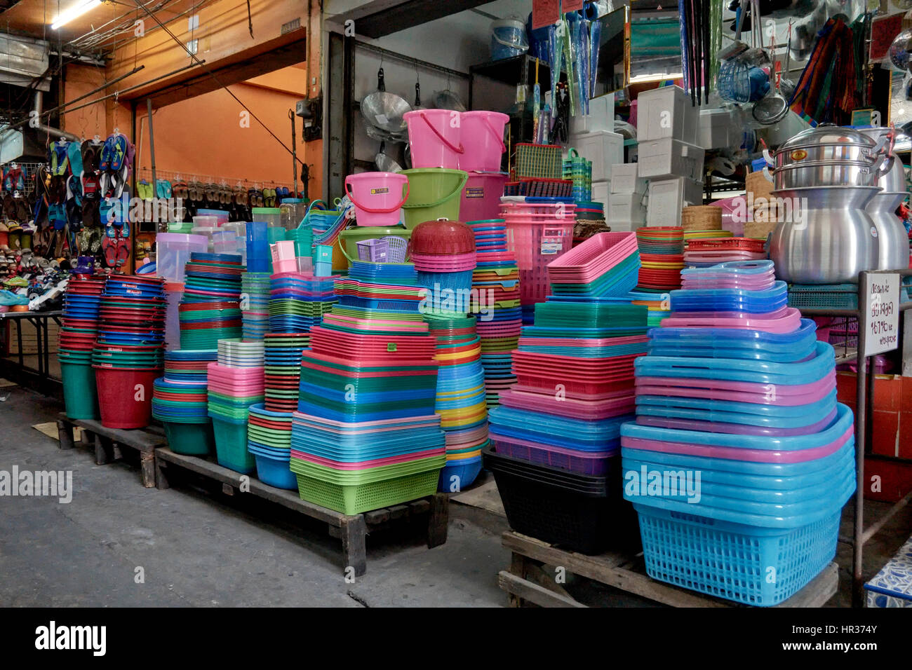 Colorful plastic household goods for sale at a Thailand hardware store. Stock Photo