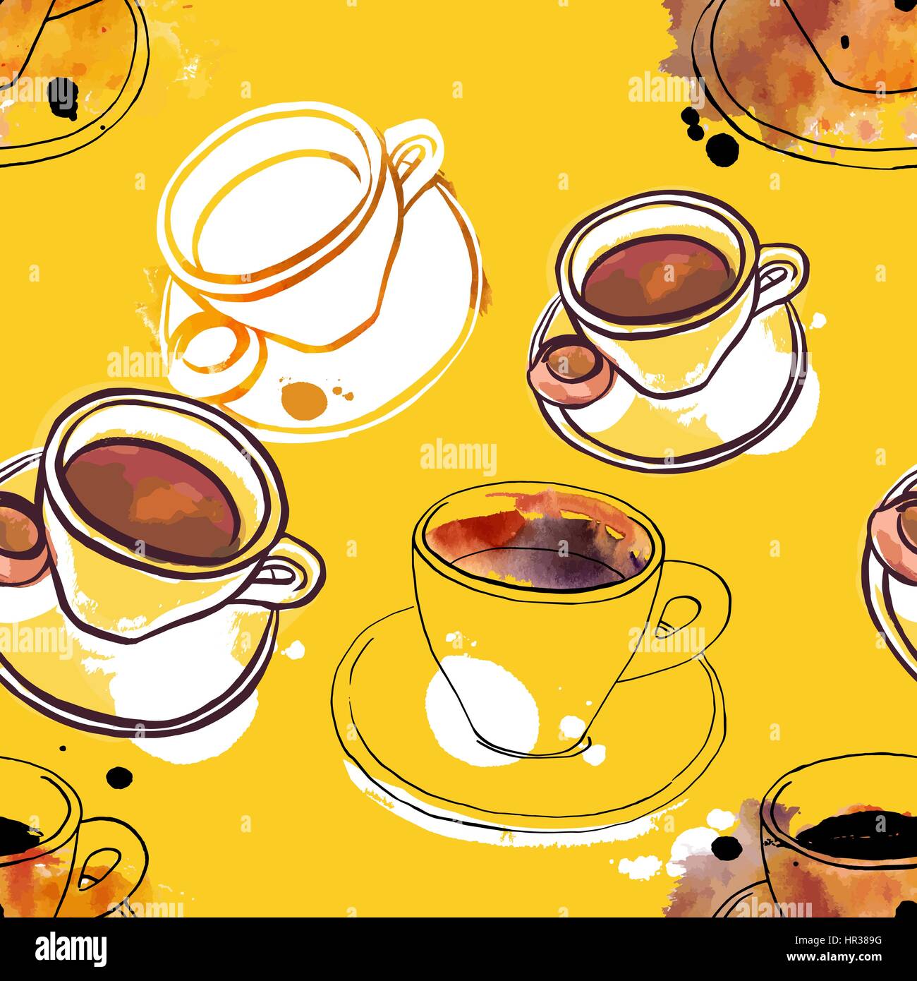Seamless pattern of vector and watercolour coffee drawings Stock Vector ...