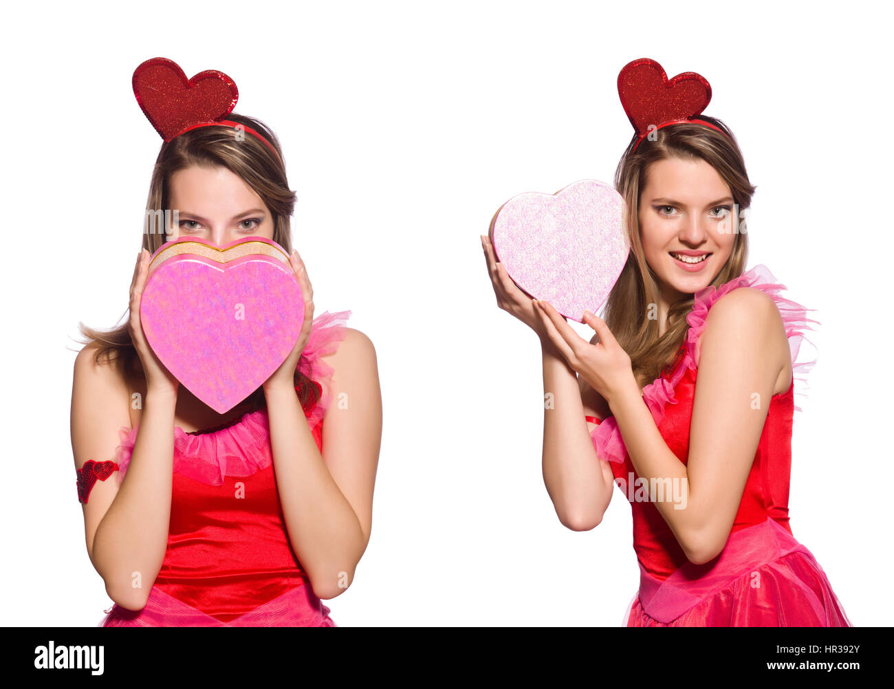 Girl in pretty pink dress with gift box isolated on white Stock Photo ...