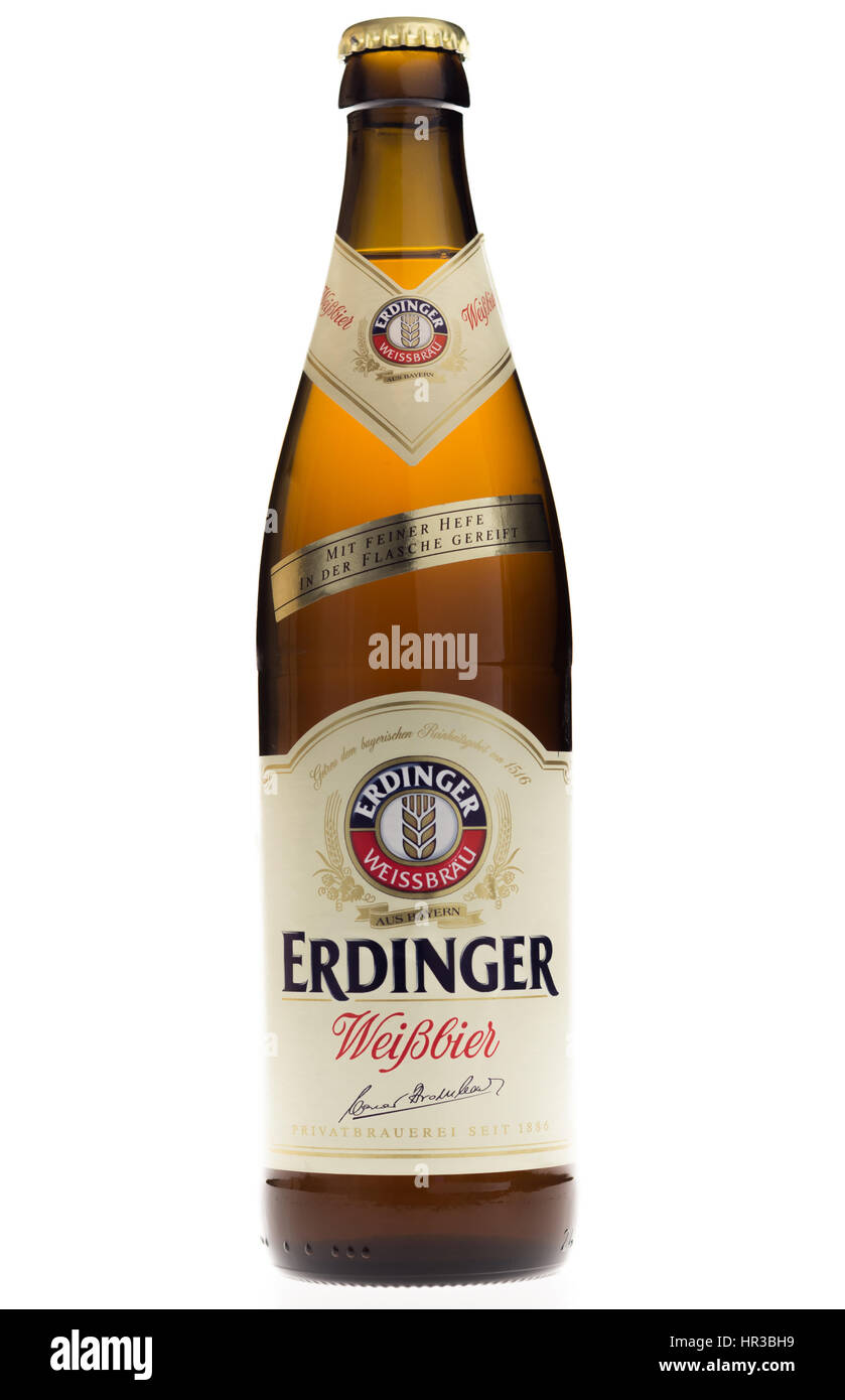 Bottle of Erdinger wheat beer isolated on a white background Stock Photo