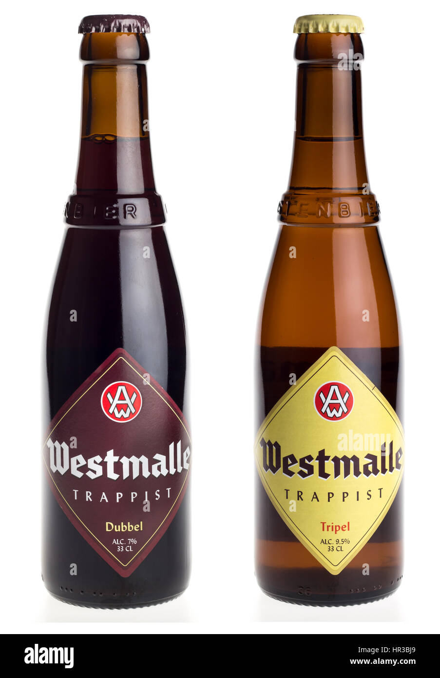 Belgian trappist beers Westmalle Dubbel and Tripel isolated on white
