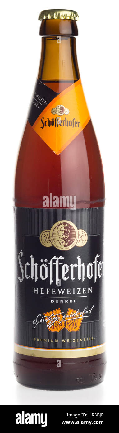 Bottle of Schofferhofer germann white wheat beer isolated on a white background Stock Photo