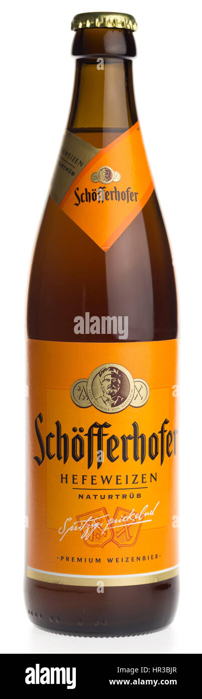 Bottle of Schofferhofer dark wheat beer isolated on a white background Stock Photo