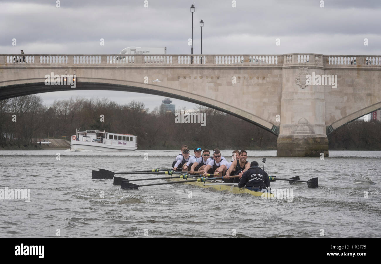 Boat Race Fixture.  Oxford University  Boat Club v Oxford Brookes. 26th February 2017.   As preparation for the The Cancer Research UK Boat Races, Oxford and Cambridge clubs participate in a number of Fixtures against other clubs.  Crew list:-  OUBC Blue Boat: 8 Vassilis Ragoussis (stroke), 7 James Cook , 6 Mike DiSanto, 5 Olivier Siegelaar, 4 Josh Bugajski, 3 Oliver Cook , 2 Matthew O’Leary , 1 William Warr (Bow), Sam Collier (Cox),  Oxford Brookes 1st ,  8 Jamie Stanhope (stroke), 7 Henry Swarbrick, 6 Morgan Bolding, 5 Michael Glover, 4 Rory Gibbs, 3 Richard Hawkins, 2 Robbie Massey, 1 Jamie Stock Photo