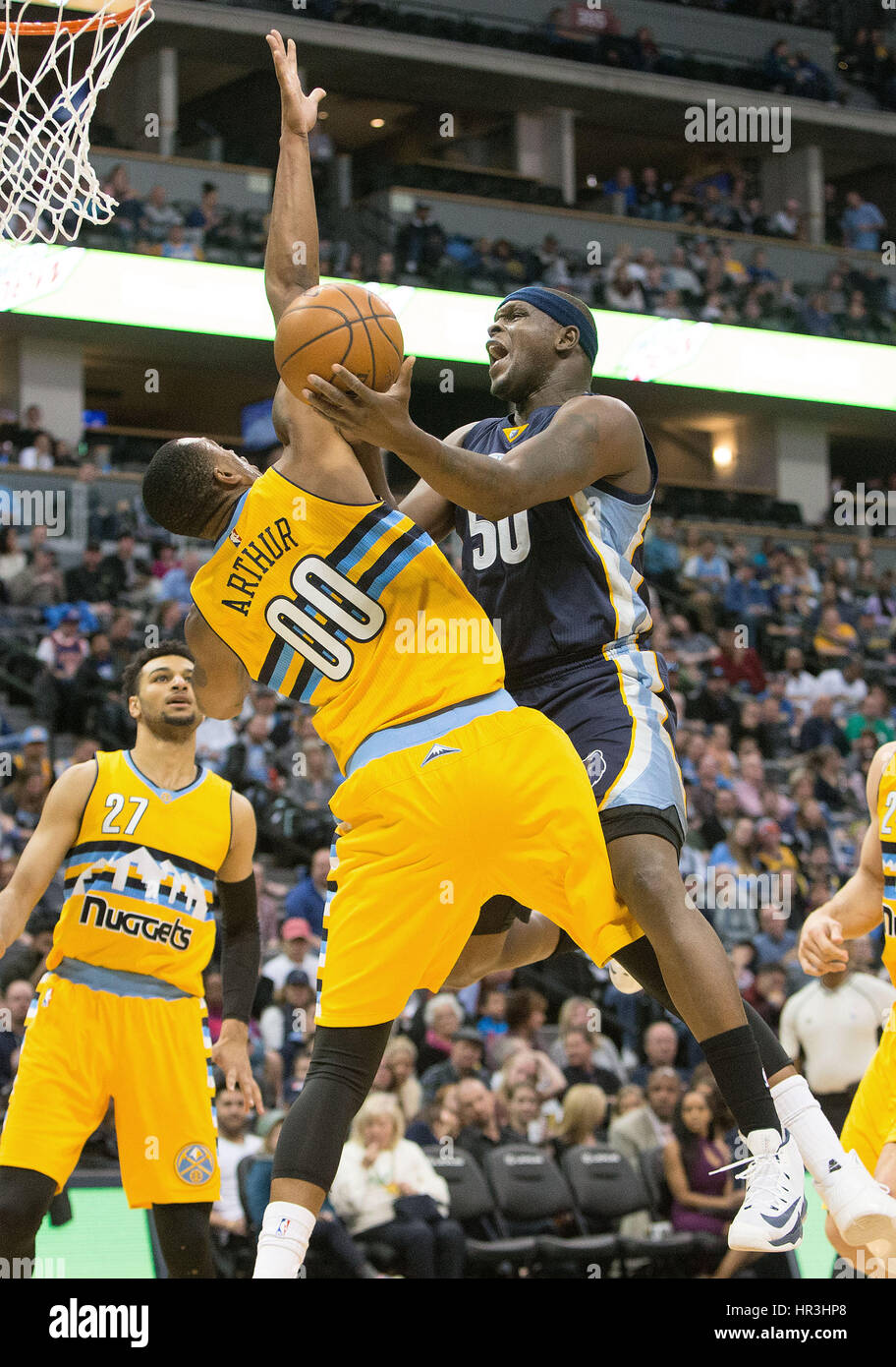 Denver, Colorado, USA. 26th Feb, 2017. Grizzlies ZACH RANDOLPH, right, drives to the basket with Nuggets DARRELL ARTHUR, left, during the 2nd. Half at the Pepsi Center Sunday afternoon. The Grizzlies beat the Nuggets 105-98. Credit: Hector Acevedo/ZUMA Wire/Alamy Live News Stock Photo