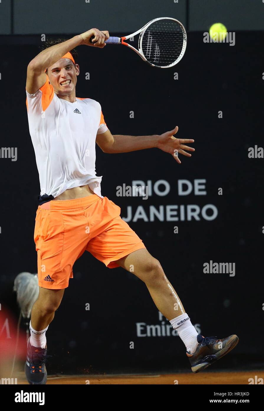 Rio De Janeiro, Brazil. 26th Feb, 2017. Dominic Thiem of Austria hits a  return during the singles final against Pablo Carreno Busta of Spain at the  2017 ATP Rio Open tennis tournament