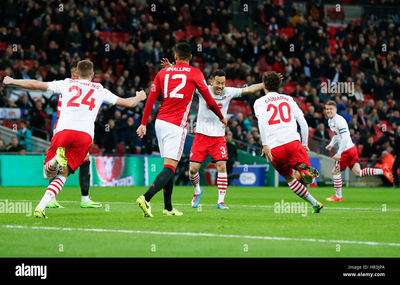 London, UK. 26th Feb, 2017. Southampton's Manolo Gabbiadini (2nd R) celebrates after scoring during the EFL Cup Final between Manchester United and Southampton at Wembley Stadium in London, Britain on Feb. 26, 2017. Credit: Han Yan/Xinhua/Alamy Live News Stock Photo