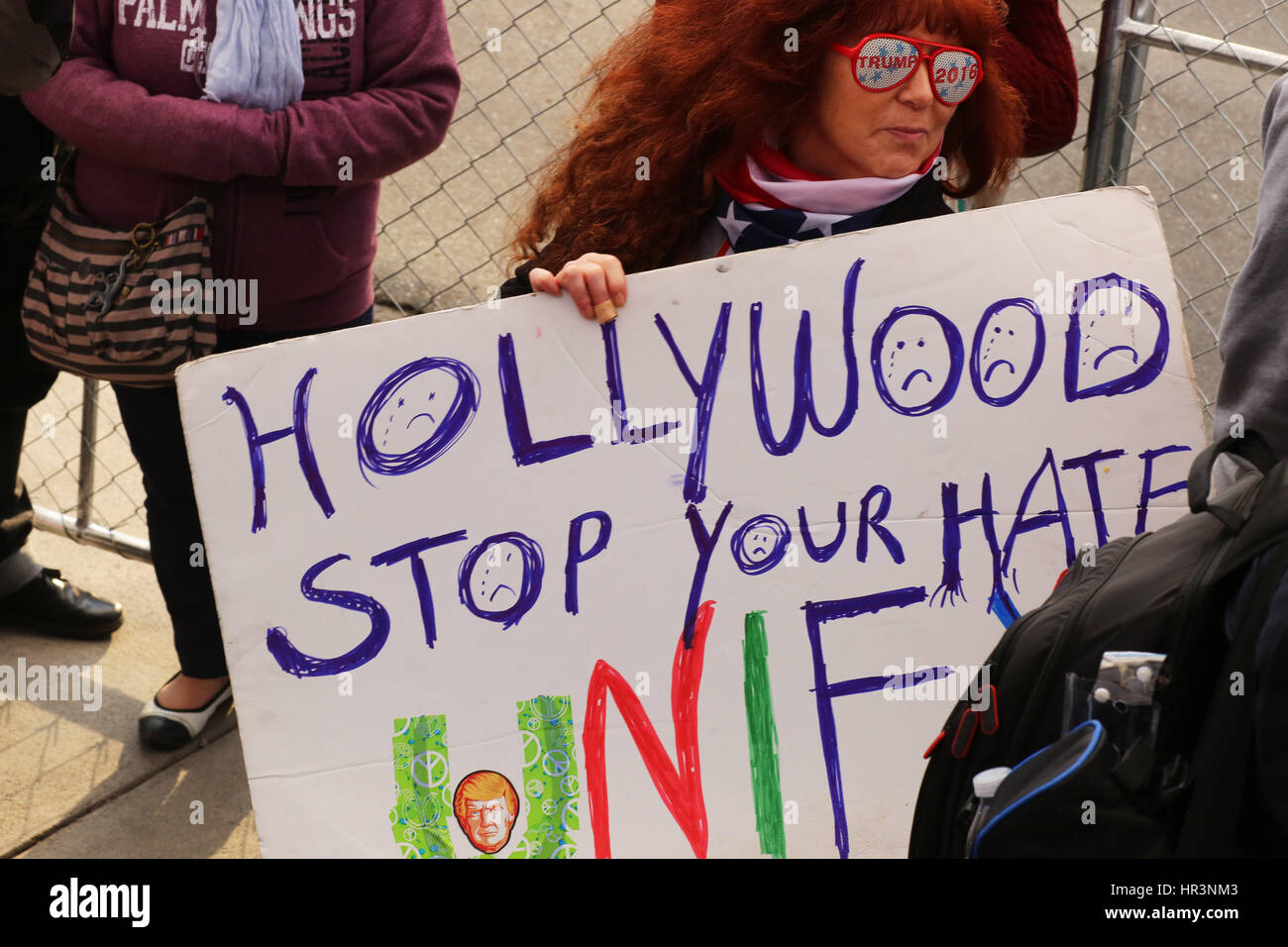 Los Angeles, California, USA. 26th February 2017. The group held its demonstration not far from the Dolby Theatre, where the Oscars ceremony will be held. About a dozen protesters carried signs, Trump banners and American flags, chanting such slogans as ''Celebrities don't speak for us'' and ''Hollywood, don't divide us. Credit: Katrina Kochneva/ZUMA Wire/Alamy Live News Stock Photo