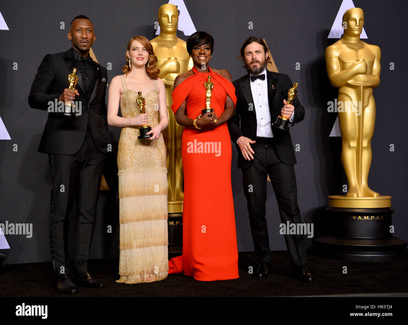 LOS ANGELES, CA. February 26, 2017: Mahershala Ali, Emma Stone, Viola Davis & Casey Affleck in the photo room at the 89th Annual Academy Awards at the Dolby Theatre, Los Angeles.   Stock Photo