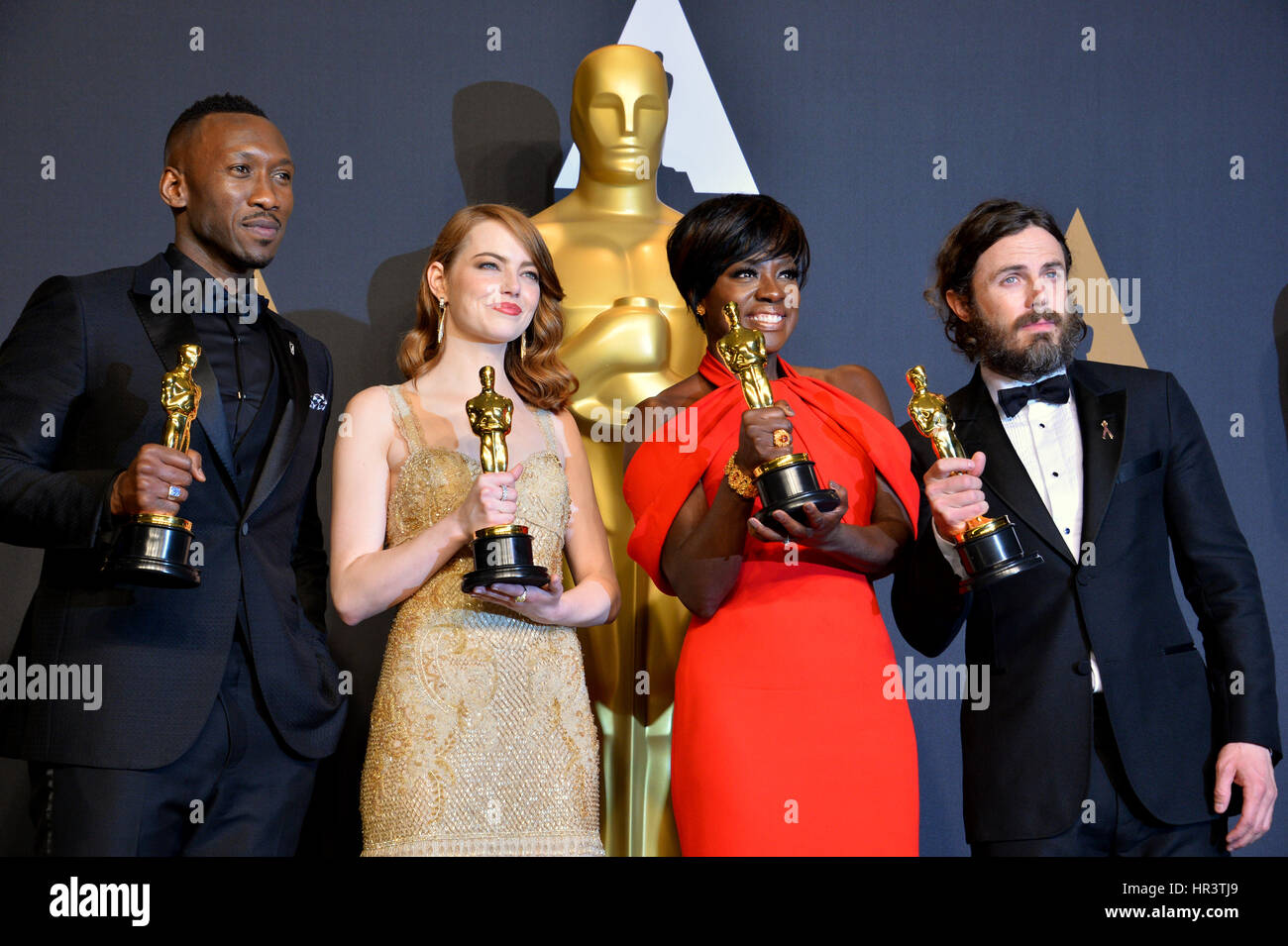 LOS ANGELES, CA. February 26, 2017: Mahershala Ali, Emma Stone, Viola Davis & Casey Affleck in the photo room at the 89th Annual Academy Awards at the Dolby Theatre, Los Angeles.   Stock Photo