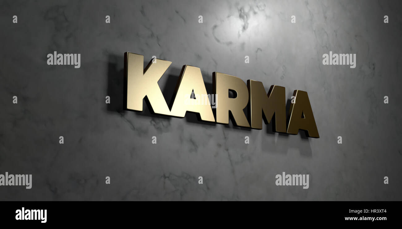 Karma - Gold sign mounted on glossy marble wall - 3D rendered royalty ...