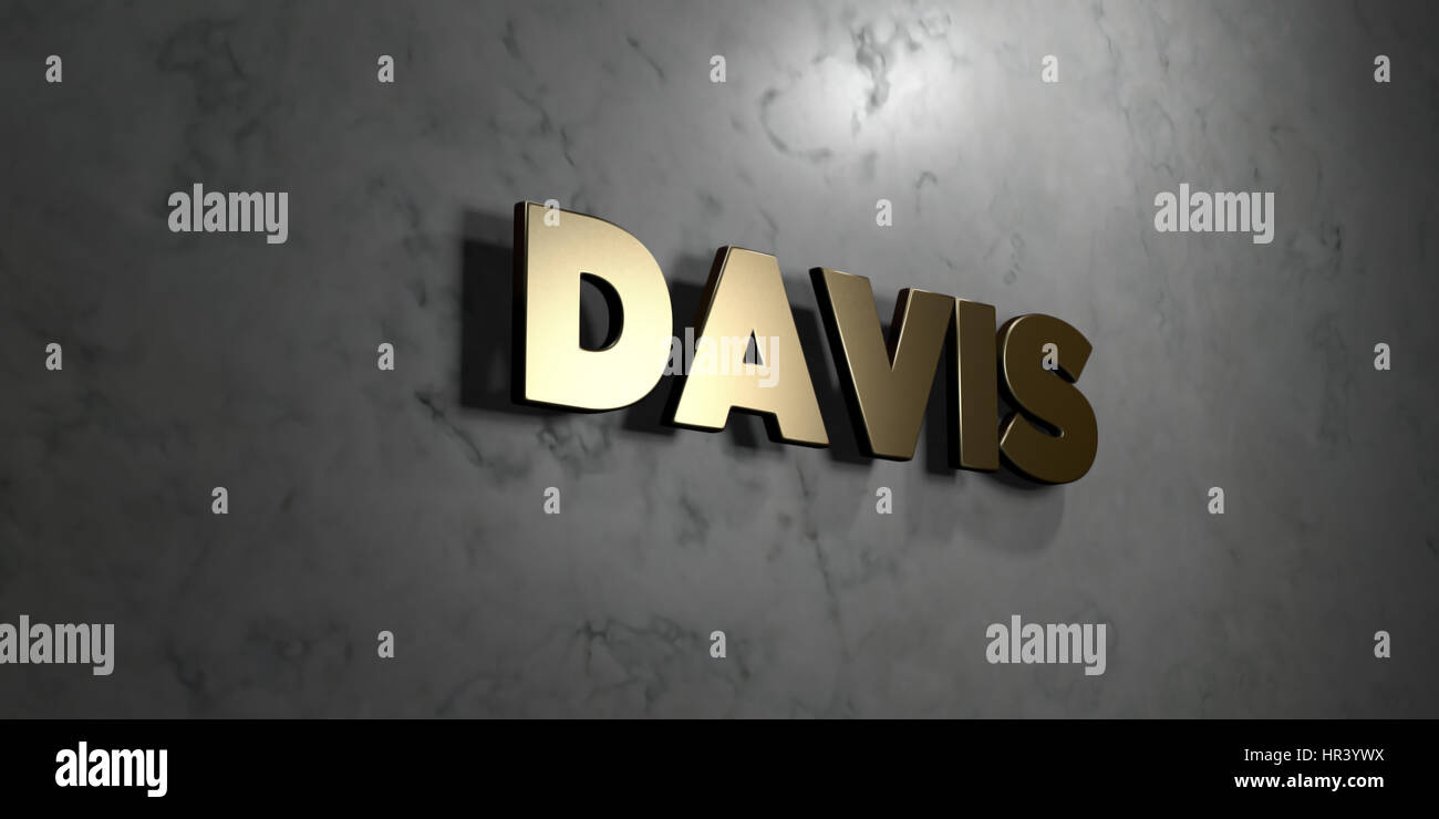 Davis - Gold sign mounted on glossy marble wall - 3D rendered royalty ...