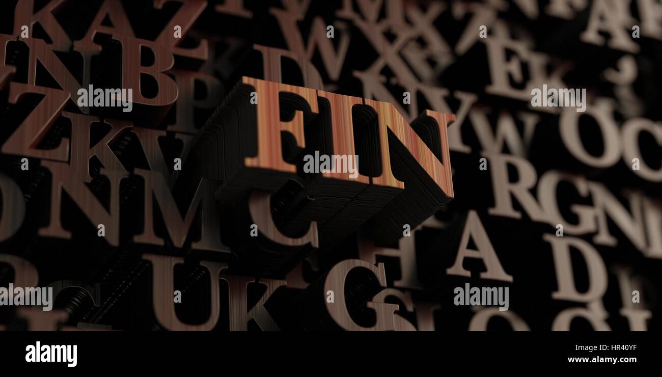 Fin - Wooden 3D rendered letters/message.  Can be used for an online banner ad or a print postcard. Stock Photo