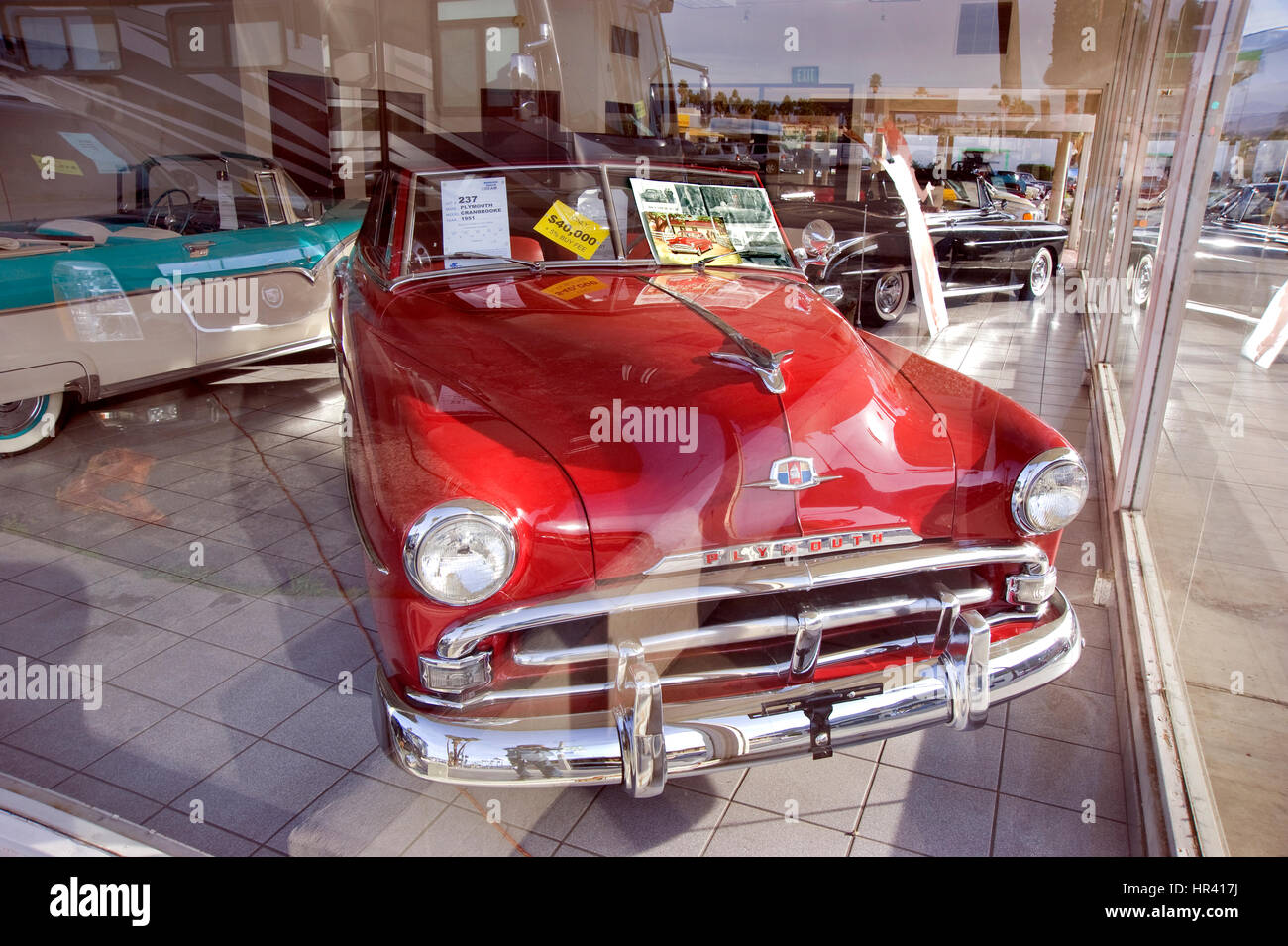Classic Plymouth for sale in dealership in Palm Springs Stock Photo