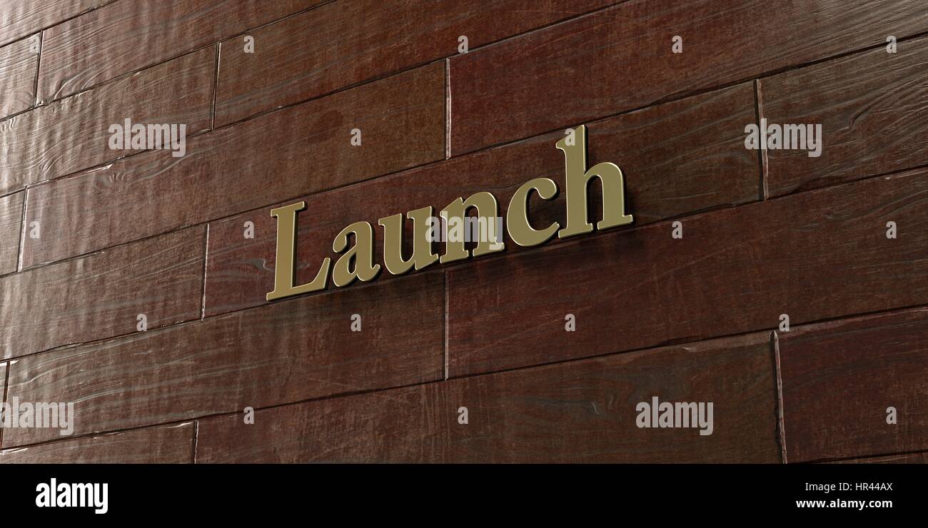 Launch - Bronze plaque mounted on maple wood wall  - 3D rendered royalty free stock picture. This image can be used for an online website banner ad or Stock Photo