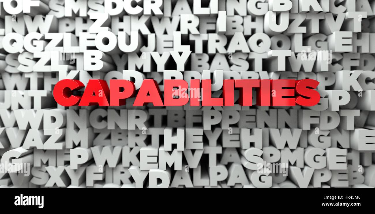 CAPABILITIES - Red text on typography background - 3D rendered royalty ...