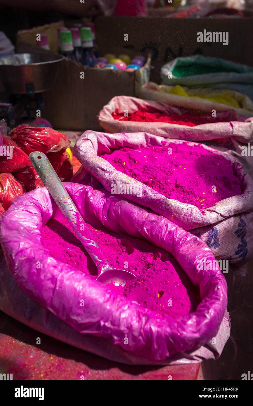 Colorful piles of powdered dyes used for Holi festival in India Stock Photo