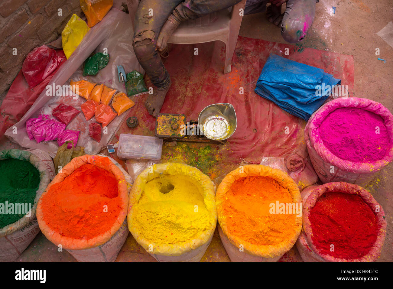 Colorful piles of powdered dyes used for Holi festival in India Stock Photo