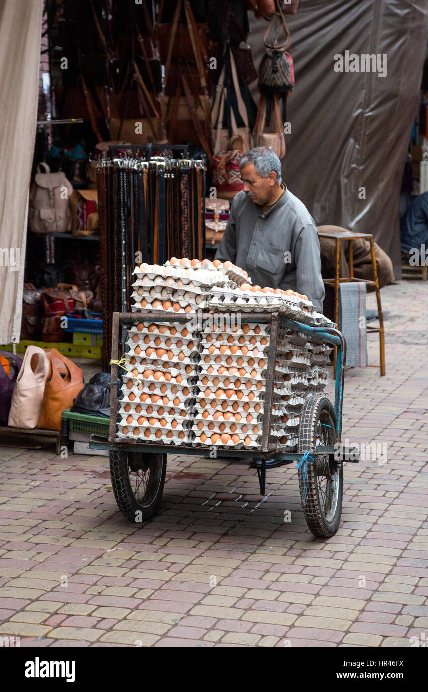 Marrakesh, Morocco.  Egg Man Delivering Eggs in the Medina. Stock Photo