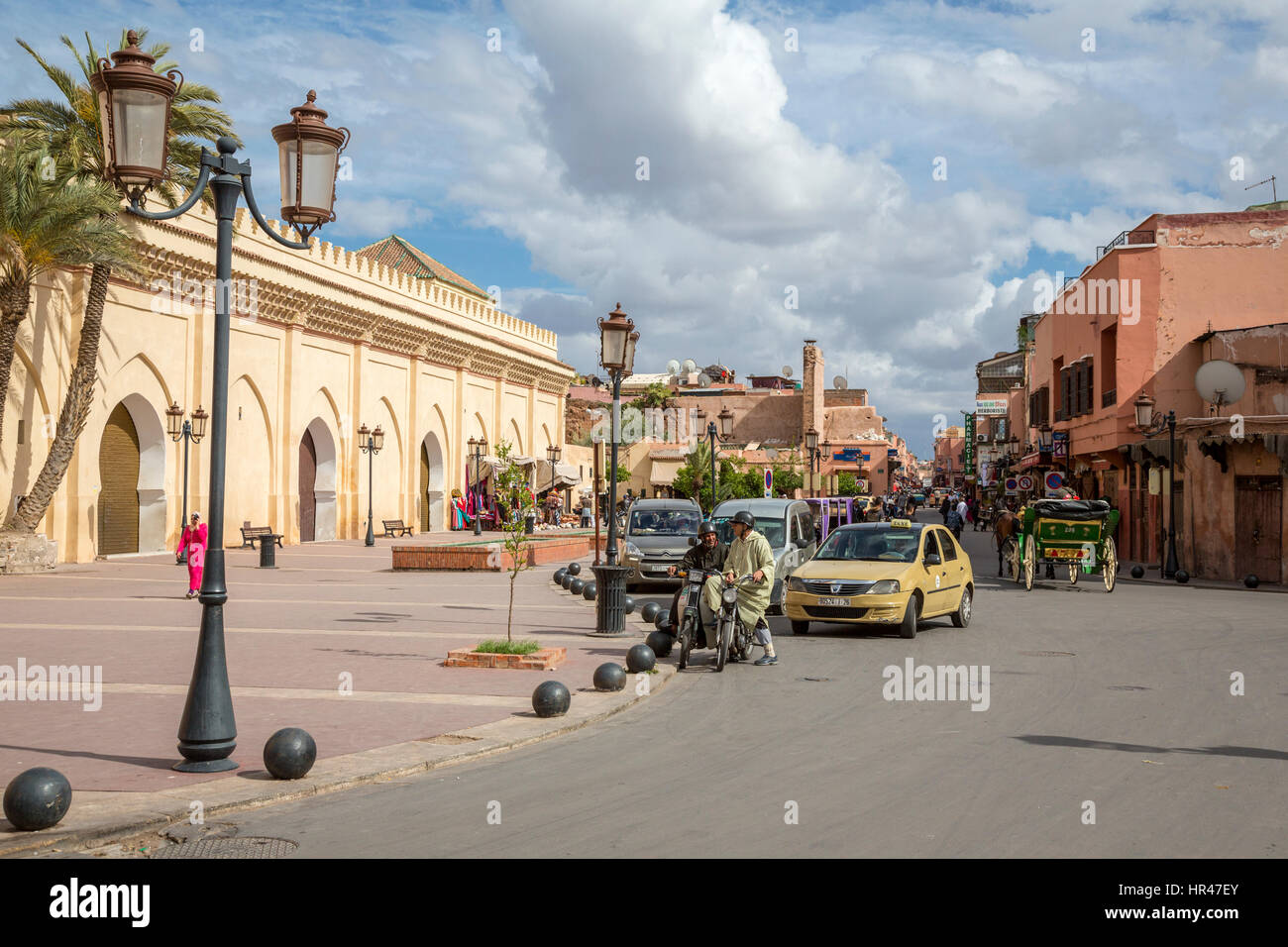 Marrakesh, Morocco.  Street Scene in front of the Moulay El Yazid Mosque, Qasba (Kasba) District, by the Saadian Tombs. Stock Photo