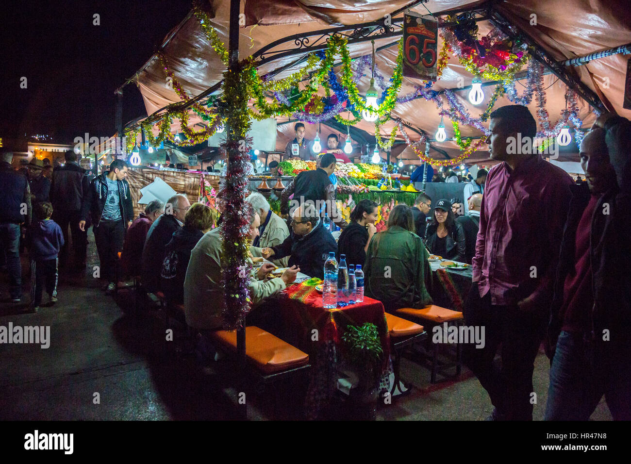 Marrakesh, Morocco.  Food Stands at Night in the Place jemaa El Fna. Stock Photo