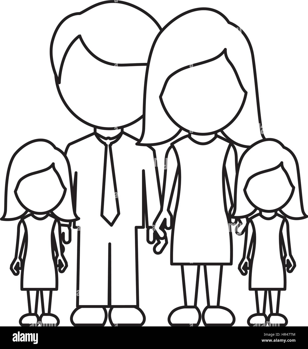 monochrome contour faceless with dad mom and two female daughters in ...