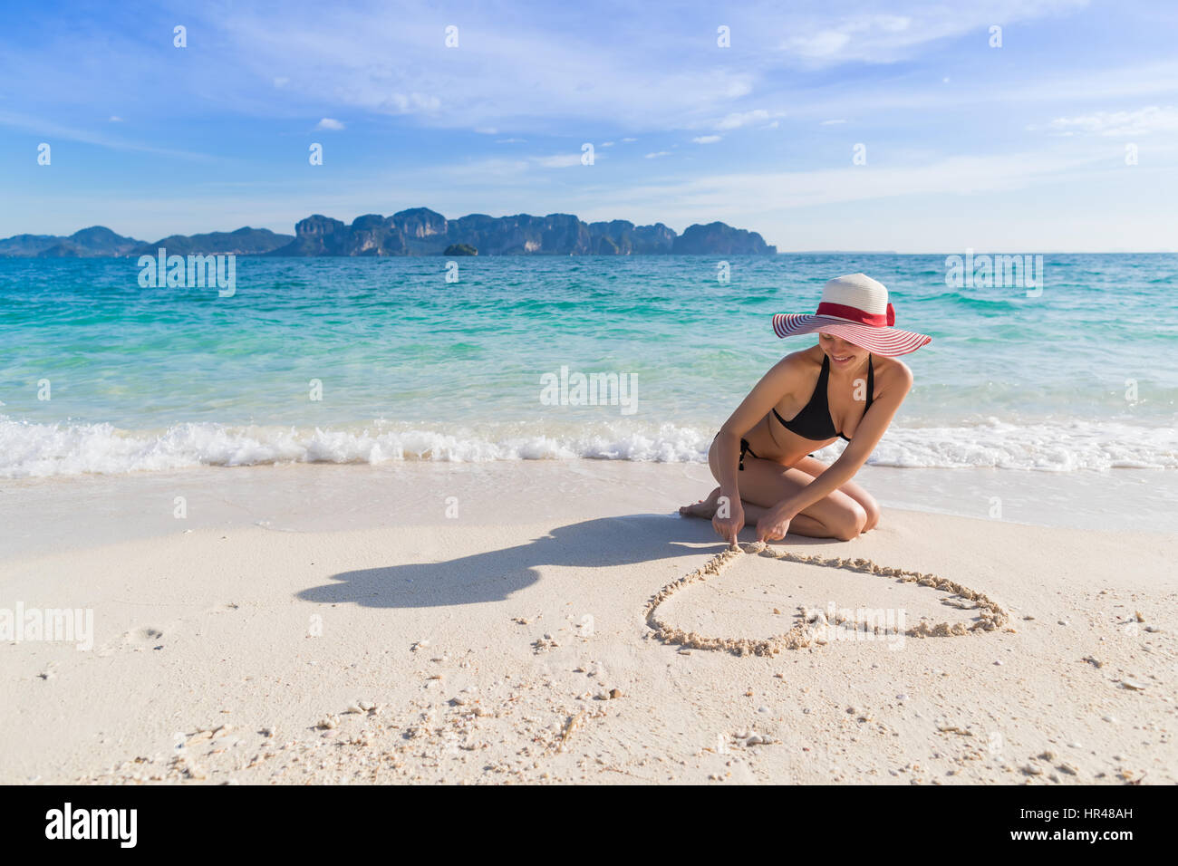 Young Woman On Beach Summer Vacation Girl Draw Heart Shape Lying Stock Photo Alamy