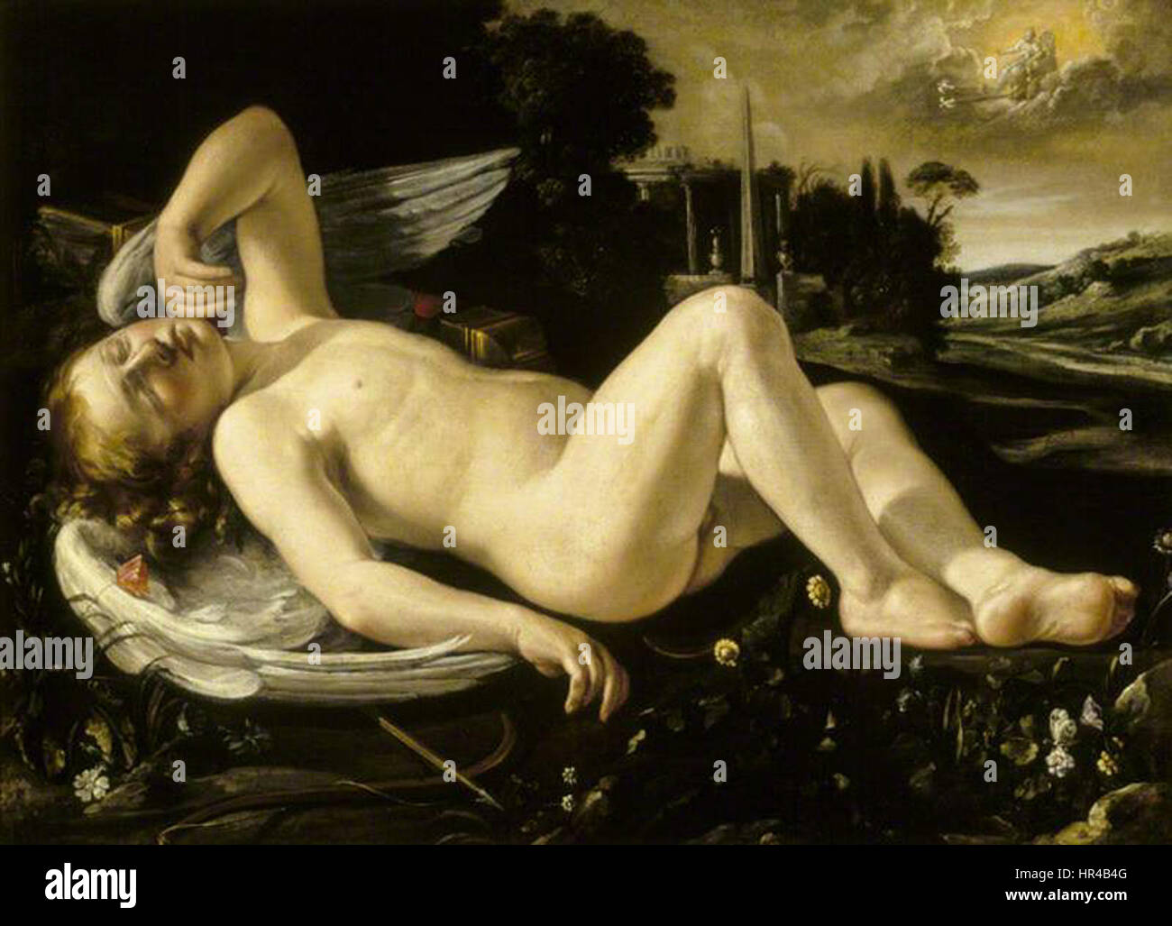Orazio Riminaldi - Cupid Asleep Approached by Venus in Her Chariot Stock Photo