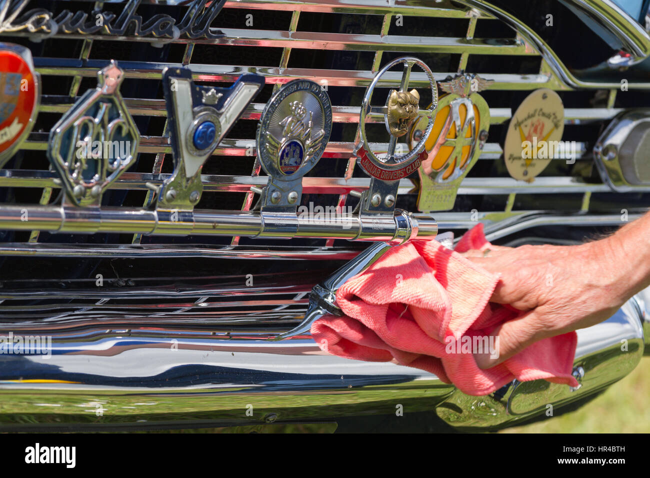 Vauxhall Vintage Car - close-up of highly polished front grille with Vauxhall logo and grille badges. Shows owner hand-polishing front bumper. Stock Photo