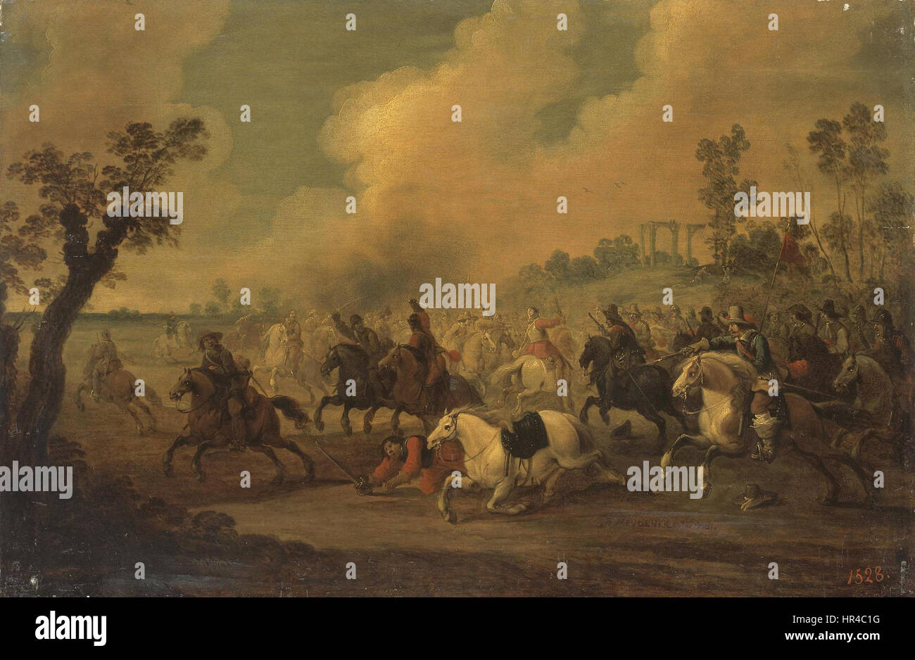 Pieter Meulener’s 'Cavalry Battle' depicts a dynamic scene of mounted soldiers in combat. The intense action and detailed rendering of horses and soldiers are characteristic of Meulener's Baroque style. Stock Photo
