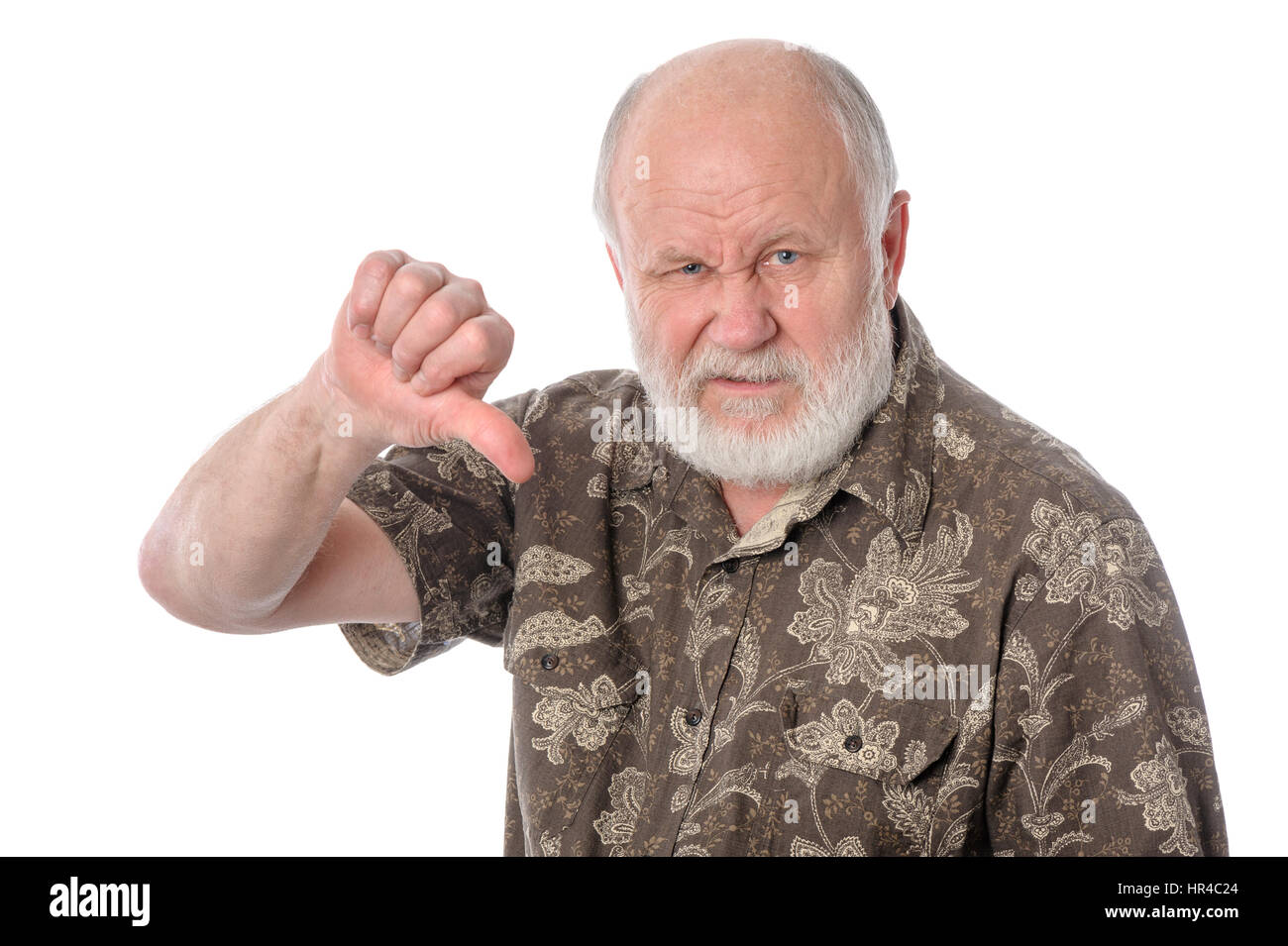 Senior man shows thumbs down gesture, isolated on white Stock Photo