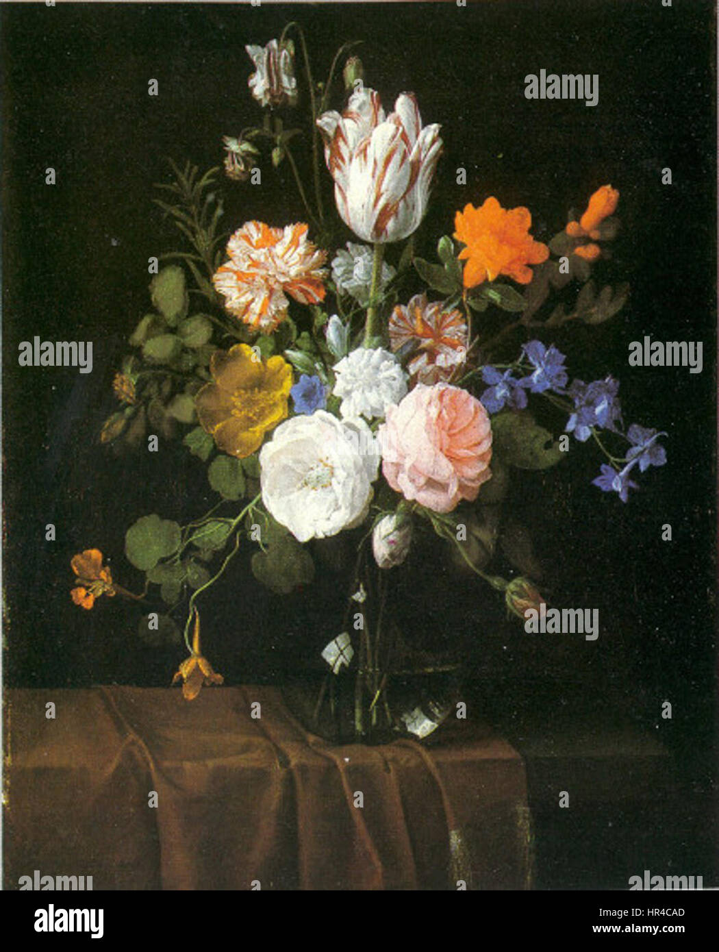 Nicolaes van Verendael - Flowers in a glass vase on a partly draped ...