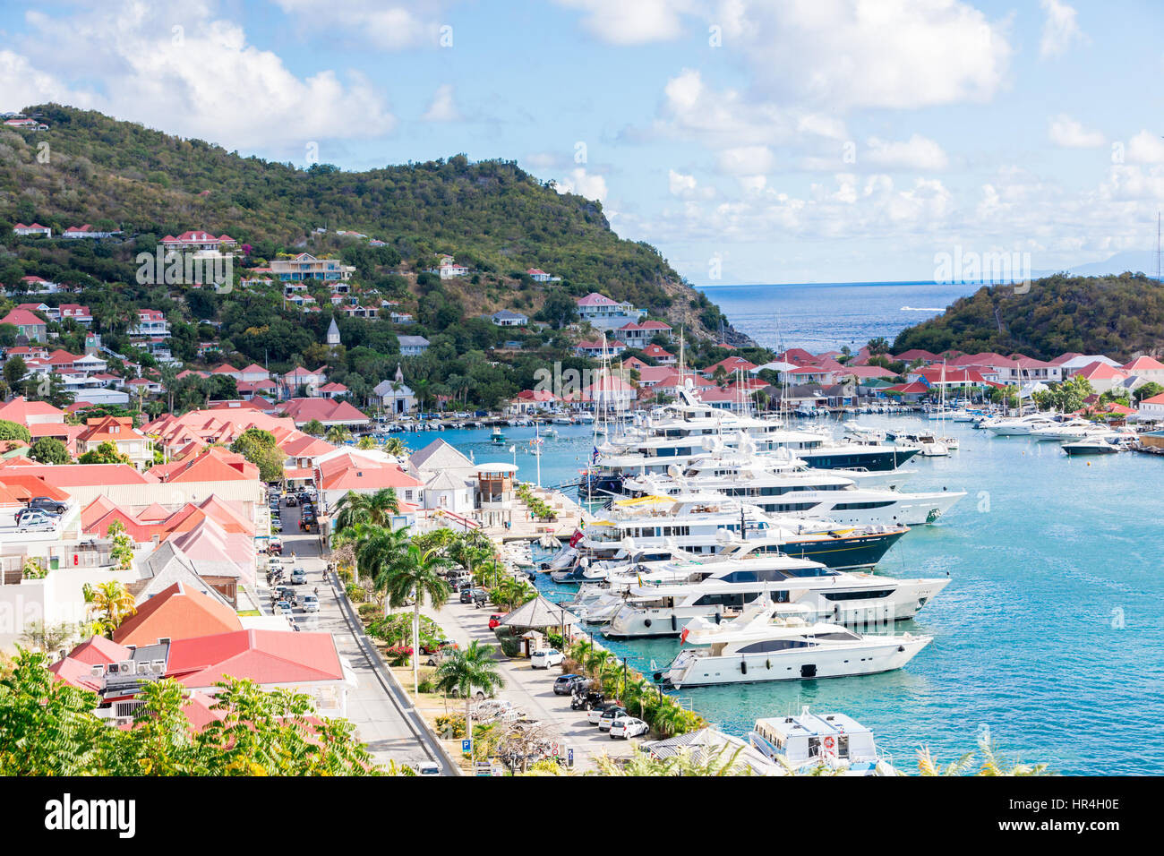 large yachts in port of Gustavia St Bart's Stock Photo