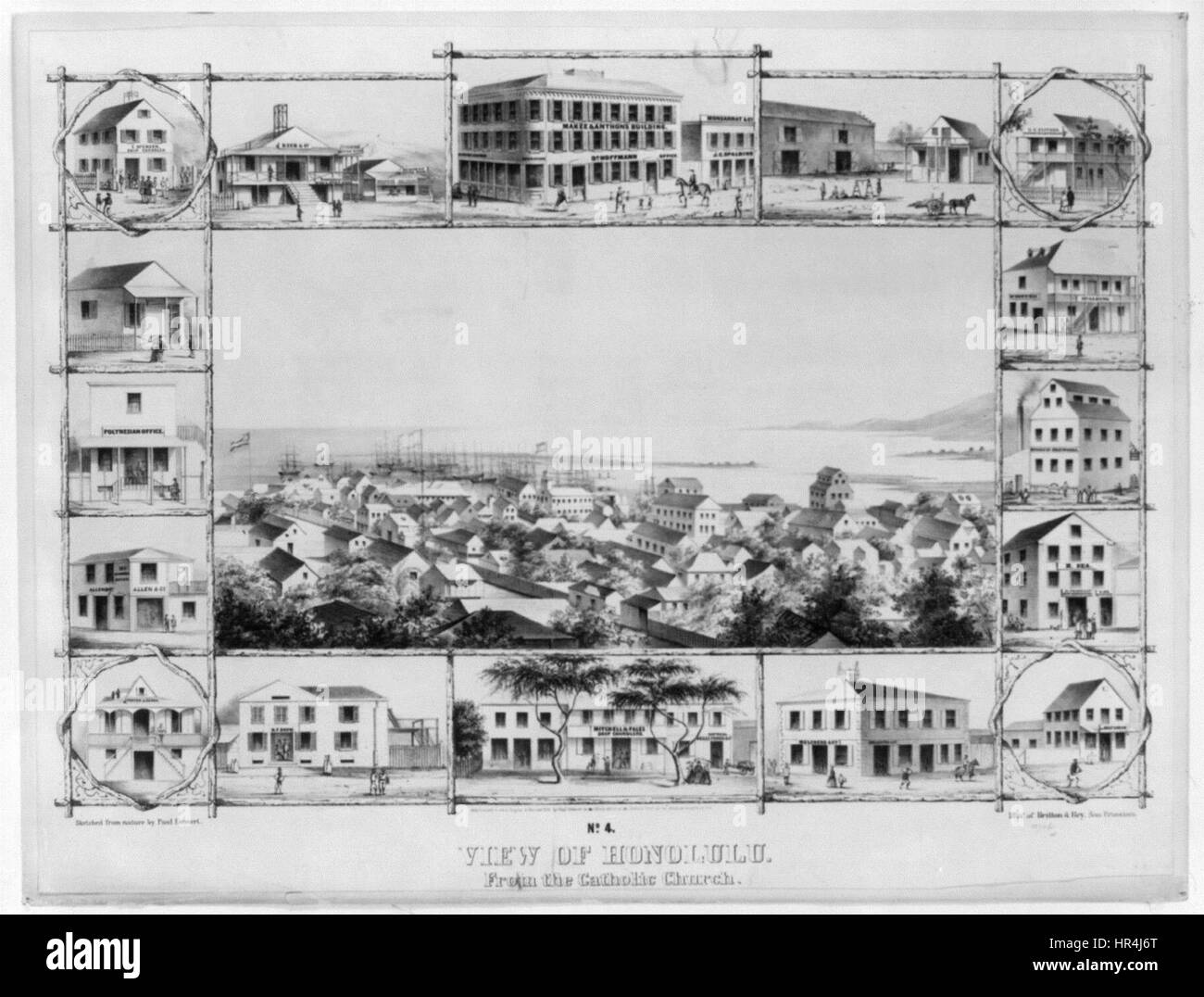 This 1854 view of Honolulu, captured from the Catholic Church, presents a historic look at the cityscape of the time. The image provides insight into the architecture and landscape of 19th-century Honolulu. Stock Photo