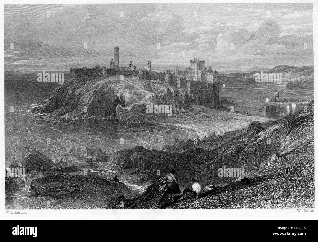 Peel Castle, Isle of Man engraving by William Miller after W L Leitch Stock Photo