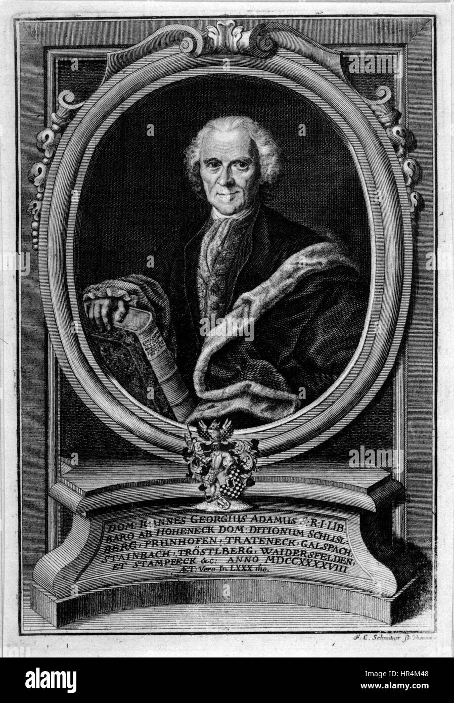 This portrait of Johann Georg Adam Freiherr von Hoheneck, a notable German nobleman, showcases the traditional style of portraiture in the 18th century. His attire and posture reflect his aristocratic status, characteristic of portraits from the time. Stock Photo