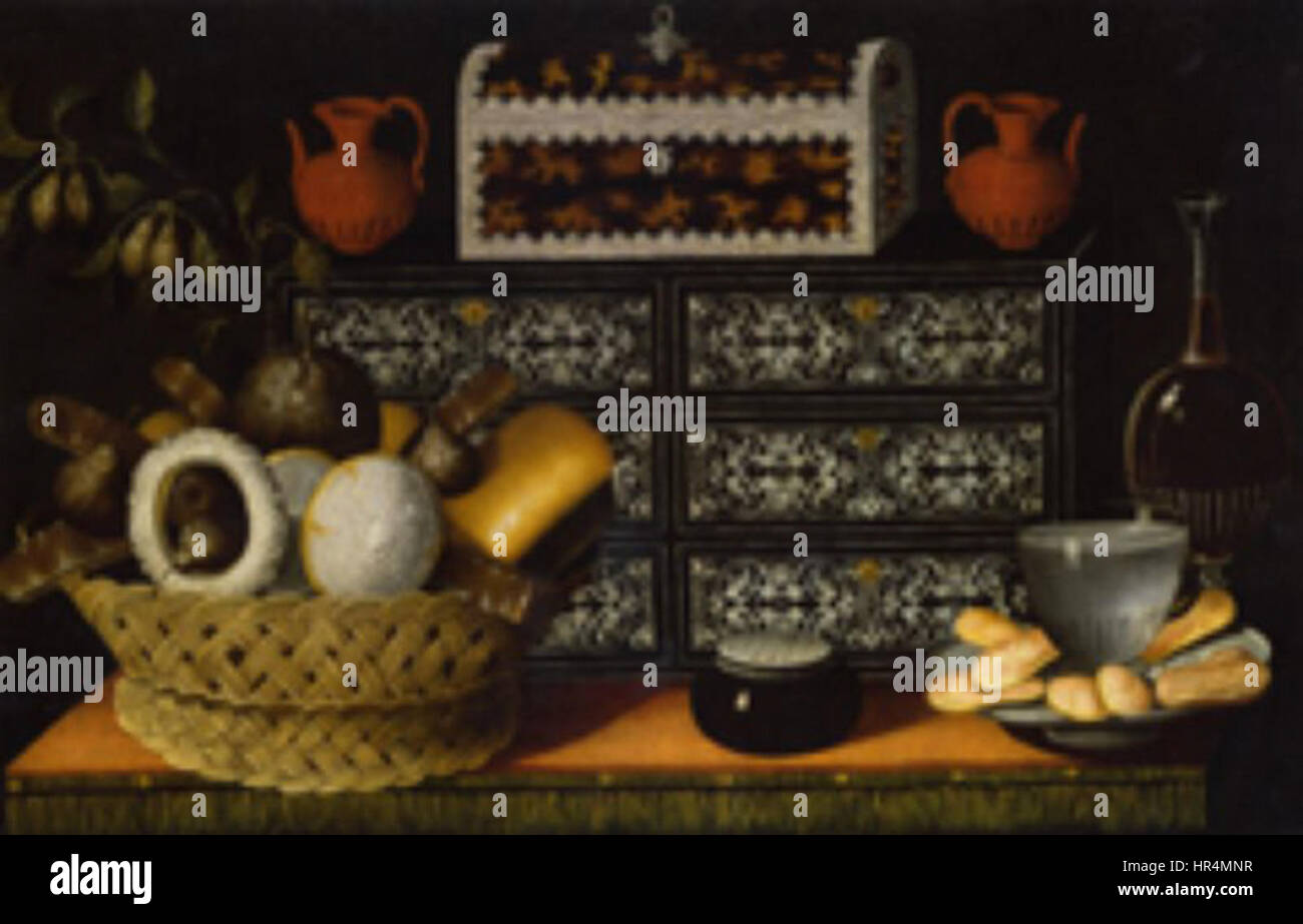 Polo-gabinete de ebano y marfil con cesta de dulces y conseervas Stock Photo