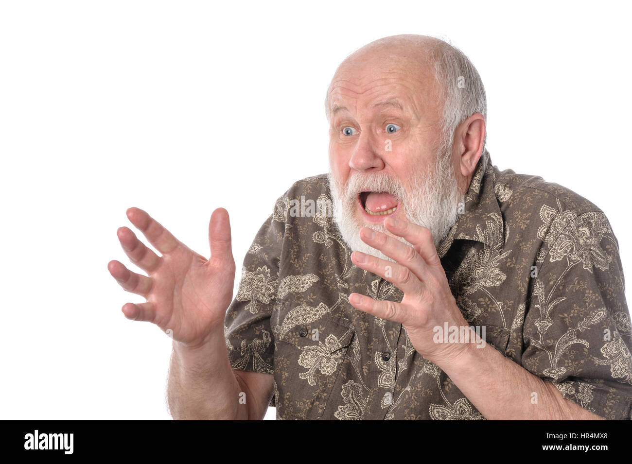 Shocked senior man with grimace of fear, isolated on white Stock Photo