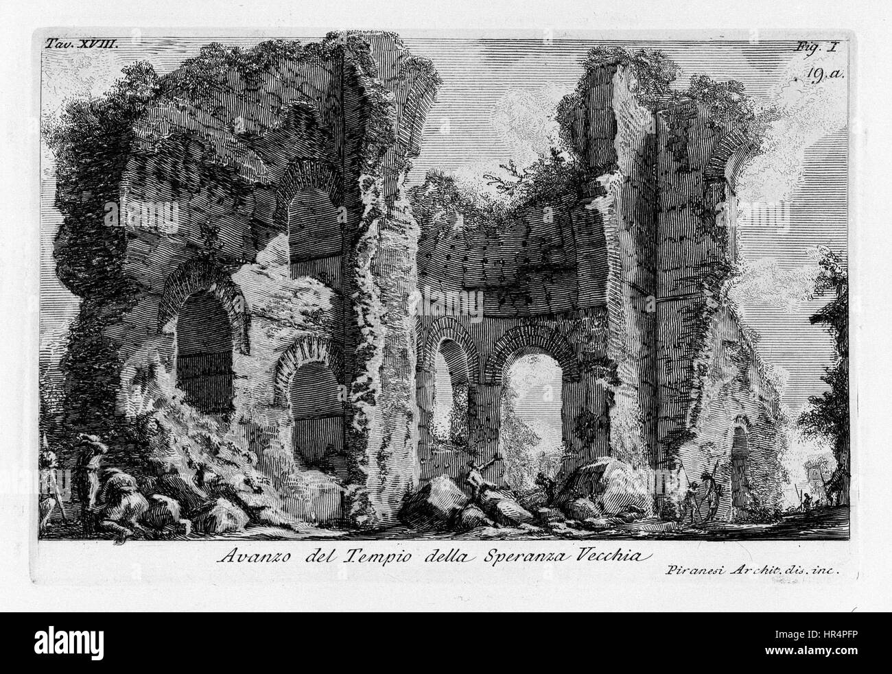 This etching by Giovanni Battista Piranesi showcases his mastery in architectural prints. Known for his detailed depictions of Roman architecture, Piranesi emphasizes dramatic lighting and expansive ruins in this piece. Stock Photo