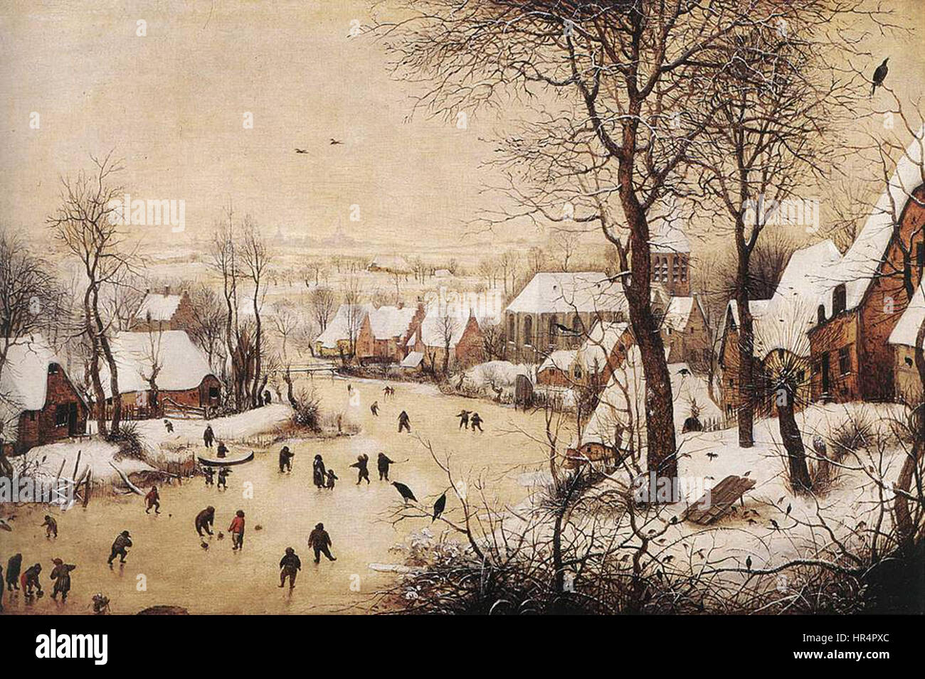 Winter landscape with skaters and a bird trap hi-res stock