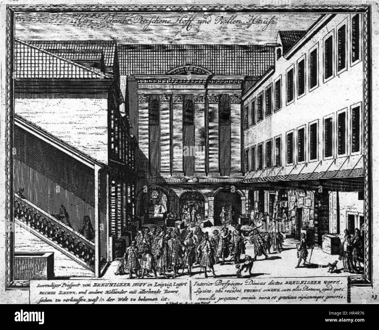 'Herr Johann Petzschen's Hoff und Ballen Hausz in Leipzig' by Pieter Schenck depicts an architectural view of a prominent house in Leipzig. The engraving emphasizes the detailed structure and artistic representation of 17th-century German architecture. Stock Photo